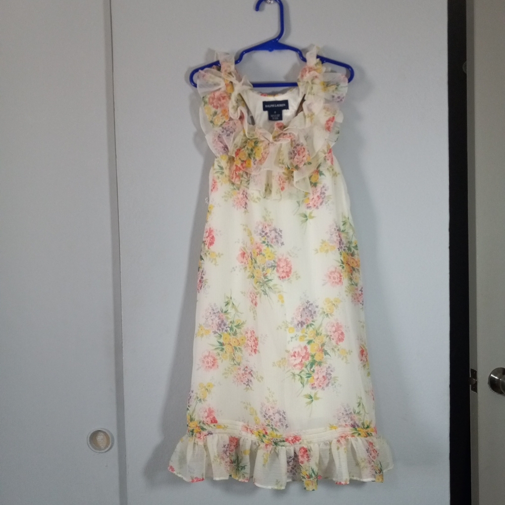 Ralph Lauren Cream Dress with Pastel Floral Trim Spring Summer Size 8